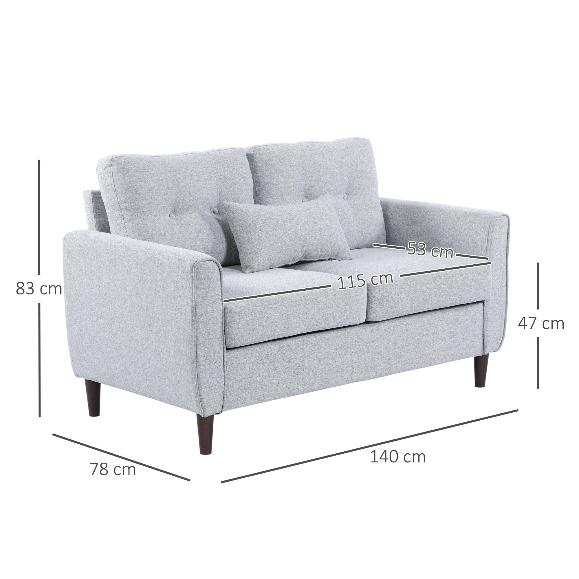HOMCOM 2 Seater Sofa with Spring Cushion, Fabric Sofa with Wooden Legs, Modern Love Seat for Living Room, 140cm Width Tufted Couch for Bedroom, Light Grey